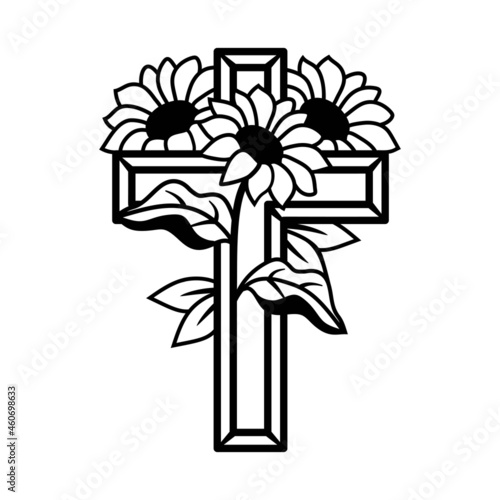 Vector Flower Cross, Religious cross decorated with sunflowers. Faith Cross, Religious Vector illustration