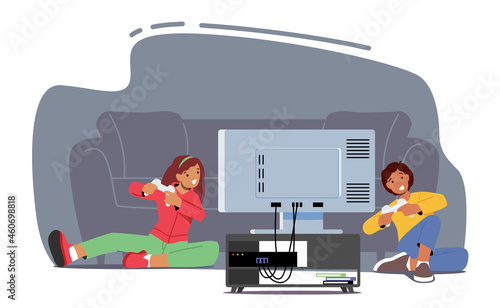 Little Boy and Girl Playing Video Games. Happy Children Character Sitting front of Tv Set with Joystick in Hands, Gaming