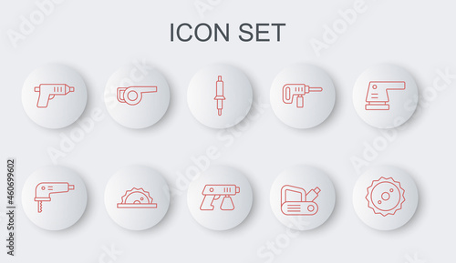 Set line Circular saw blade, Electric jigsaw, Soldering iron, planer tool, cordless screwdriver, Leaf garden blower, circular and Paint spray gun icon. Vector