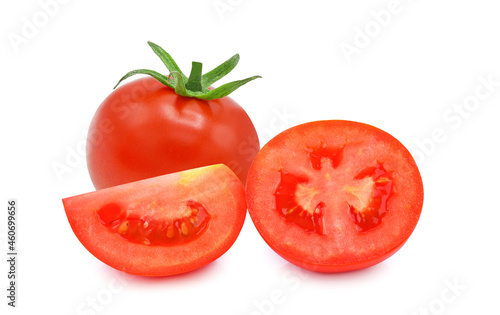 Whole and half with slice of fresh tomato isolated on white background.