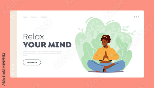 Relax your Mind Landing Page Template. Woman Meditating in Lotus Pose, Female Character Enjoying Outdoors Yoga