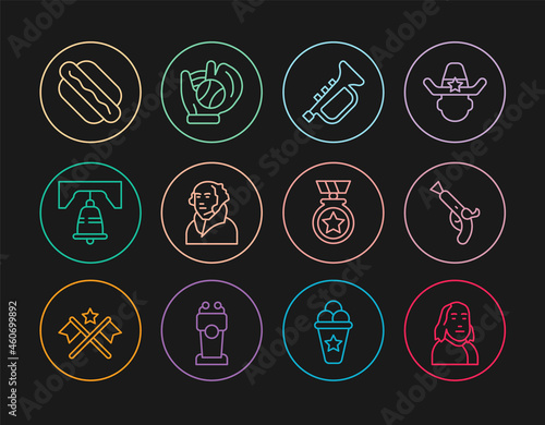 Set line Benjamin Franklin, Vintage pistols, Trumpet, George Washington, Liberty bell Philadelphia, Hotdog sandwich, Medal with star and Baseball glove ball icon. Vector