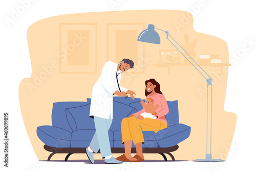 Family Doctor Visit Baby for Checkup, Pediatrician Otolaryngologist Doctor Character Examine Sick Child with Mom at Home