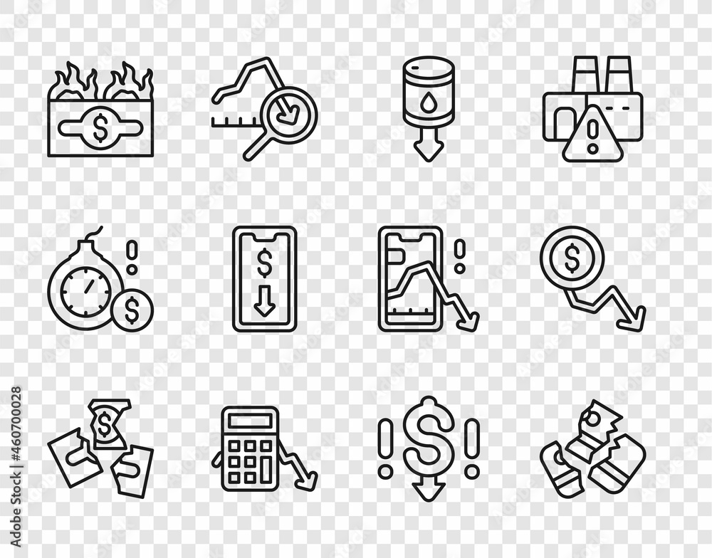 Set line Tearing money banknote, Credit card, Drop crude oil price, Calculation of expenses, Burning dollar bill, Mobile stock trading, Dollar rate decrease and icon. Vector Set line Tearing money banknote, Credit card, Drop crude oil price, Calculation of expenses, Burning dollar bill, Mobile stock trading, Dollar rate decrease and icon. Vector
