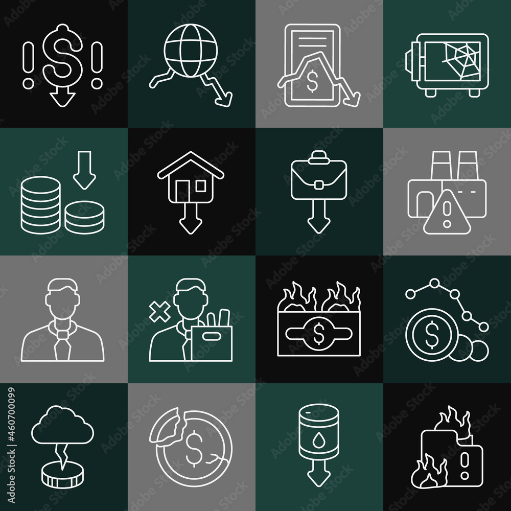 Set line Fire in burning house, Dollar rate decrease, Shutdown of factory, Mobile stock trading, Falling property prices, and Briefcase icon. Vector Set line Fire in burning house, Dollar rate decrease, Shutdown of factory, Mobile stock trading, Falling property prices, and Briefcase icon. Vector