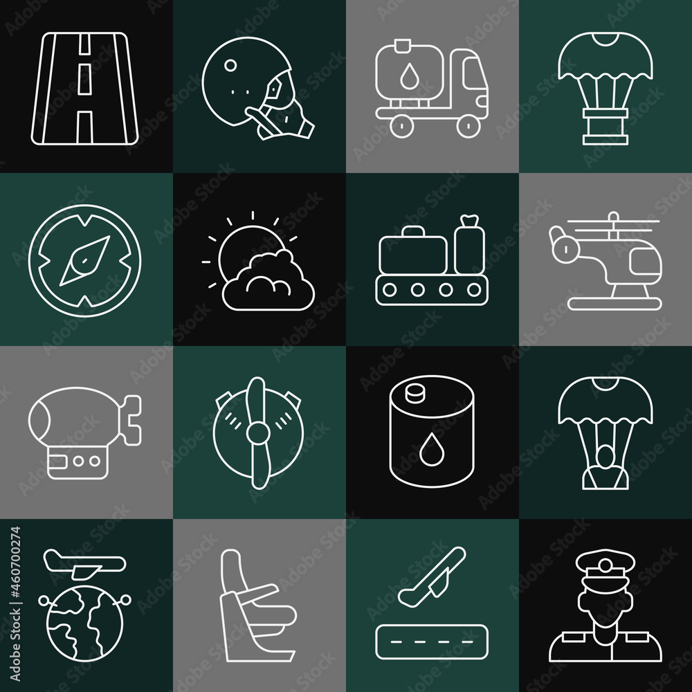 Set line Pilot, Parachute, Helicopter, Fuel tanker truck, Sun and cloud weather, Compass, Airport runway and Conveyor belt with suitcase icon. Vector Set line Pilot, Parachute, Helicopter, Fuel tanker truck, Sun and cloud weather, Compass, Airport runway and Conveyor belt with suitcase icon. Vector
