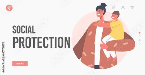 Social Protection Landing Page Template. Happy Young Mother Holding Little Child on Hands. Family Support, Maternity