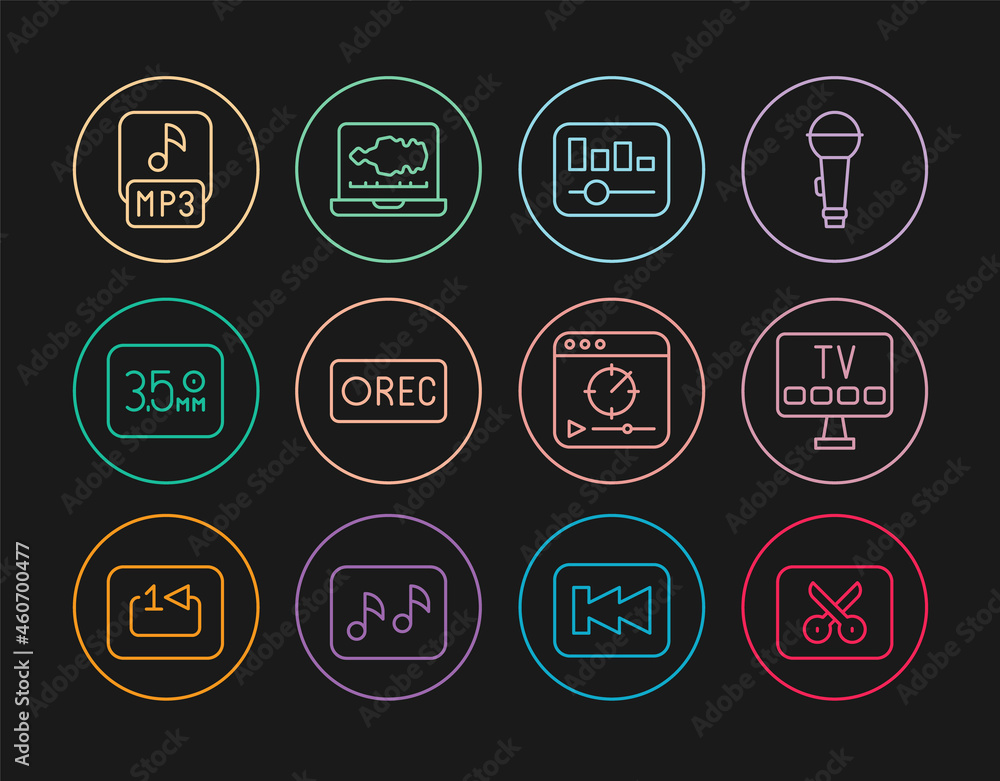 Set line Music or video editing, Smart Tv, equalizer, Record button, Audio jack, MP3 file, Online play and Sound audio recorder icon. Vector