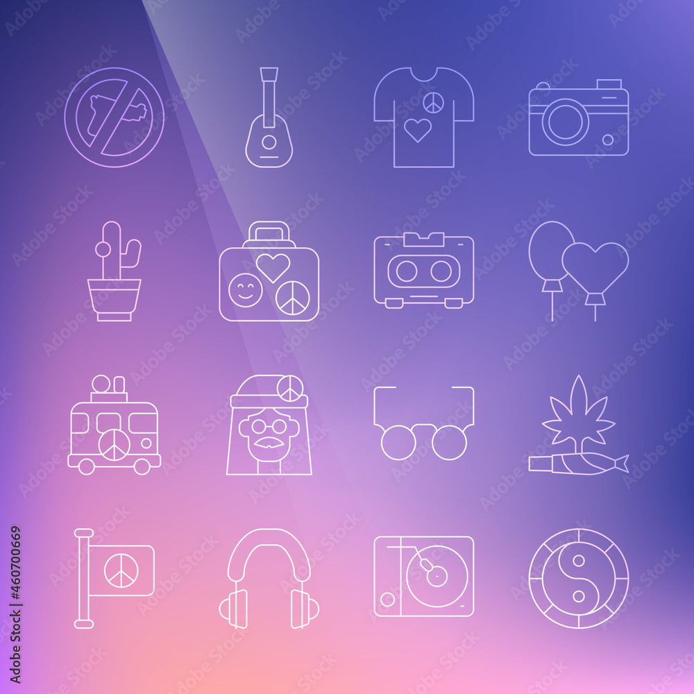 Set line Yin Yang symbol, Marijuana joint, spliff, Balloons, Peace t-shirt print stamp, Suitcase for travel, Cactus, No war and Retro audio cassette tape icon. Vector Set line Yin Yang symbol, Marijuana joint, spliff, Balloons, Peace t-shirt print stamp, Suitcase for travel, Cactus, No war and Retro audio cassette tape icon. Vector
