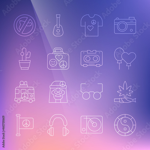 Set line Yin Yang symbol, Marijuana joint, spliff, Balloons, Peace t-shirt print stamp, Suitcase for travel, Cactus, No war and Retro audio cassette tape icon. Vector