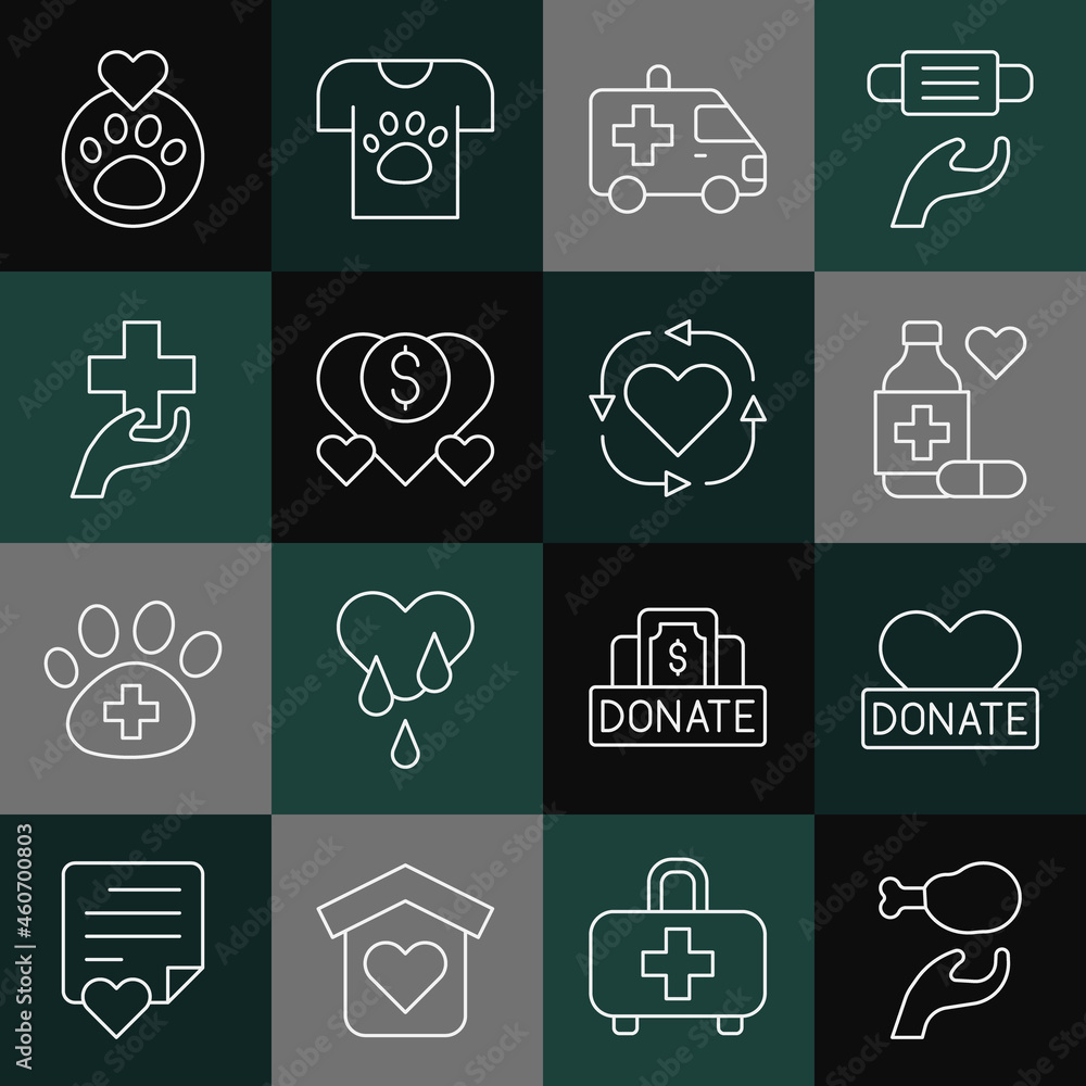 Set line Donation food, and charity, Medicine bottle pills, Ambulance car, Heart with cross, animals footprint and Volunteer icon. Vector Set line Donation food, and charity, Medicine bottle pills, Ambulance car, Heart with cross, animals footprint and Volunteer icon. Vector