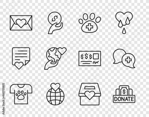 Set line Animal volunteer, Donation and charity, Veterinary clinic, Hand holding Earth globe, Envelope with heart, and Dialogue doctor icon. Vector