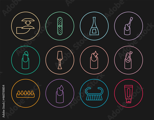 Set line Tube of hand cream, Nail manicure, Bottle nail polish, Broken, False nails, and file icon. Vector