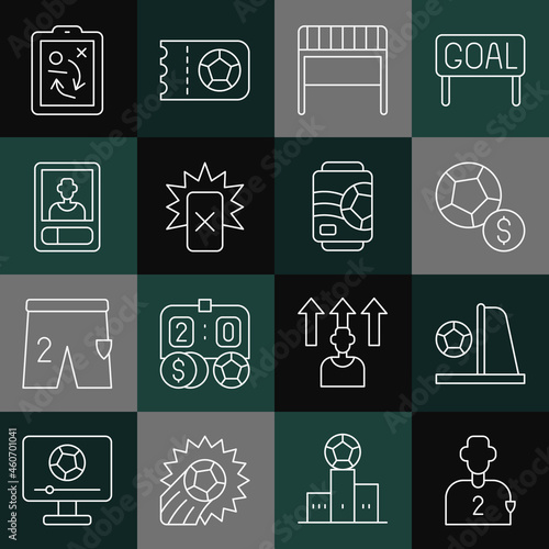 Set line Football or soccer player, goal with, Soccer football, Red card, Planning strategy concept and Beer can icon. Vector