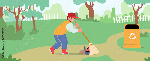 Ecology Protection Concept. Boy Volunteer Character Sweeping Ground in Park Collecting Trash into Recycling Litter Bin