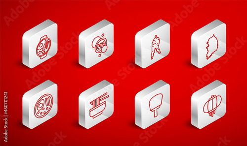 Set line Korean lantern, South won coin, Ginseng root, map, hand fan, Ramen, and icon. Vector