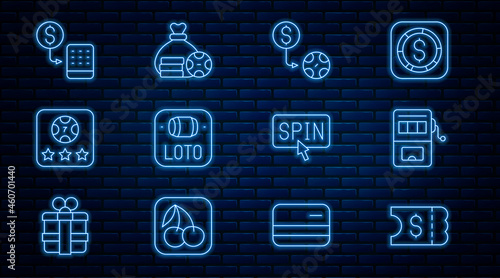 Set line Lottery ticket, Slot machine, Casino chips exchange, Online poker table game, spin button and Money bag icon. Vector