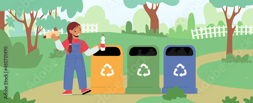 Little Girl Character Throw Trash into Litter Bin Containers with Recycling Sign in Park. Ecology Protection, Pollution