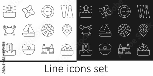 Set line Sinking cruise ship, Location with anchor, Ship porthole, Yacht sailboat, Crab, Lighthouse, Wind rose and Boat propeller icon. Vector