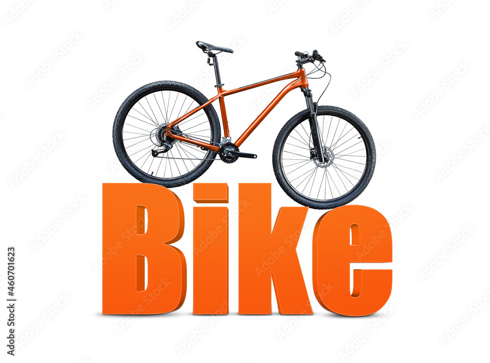 Mountain bicycle standing on big orange word BIKE on white background. Mountain bicycle standing on big orange word BIKE on white background.