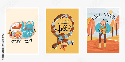 Hello Fall cards set with lettering. Fall vibes, a guy holds autumnal leaf, a scarf, Stay cozy, kettle, tea, pumpkin pie