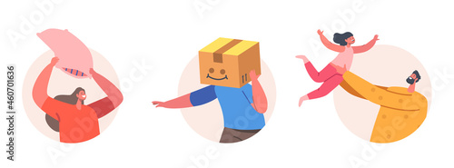 Happy Family Characters Having Fun all Together. Father Tossing Up Daughter, Boy with Box on Head, Mother with Pillow