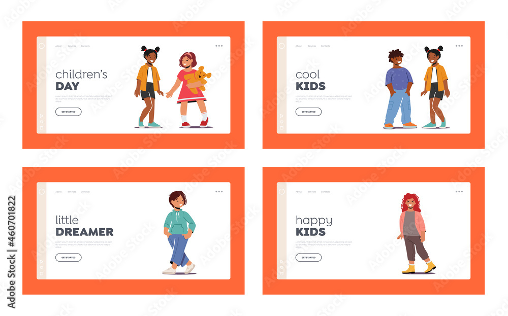 Happy Kids Landing Page Template Set. Smiling Multiracial Boys and Girls Toddlers Characters Wear Fashionable Clothes Happy Kids Landing Page Template Set. Smiling Multiracial Boys and Girls Toddlers Characters Wear Fashionable Clothes