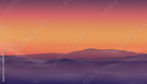 Morning sunrise with color sky in orange,yellow,pink and magenta with mountains background,Dramatic twilight skyline landscape with Sunset in evening,Vector horizon banner of Sunlight for four season © Anchalee