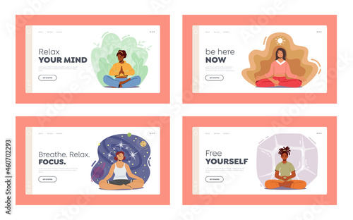 Harmony, Yoga Meditation. Landing Page Template Set. Multiracial Women Meditating, Relaxation, Emotional Balance