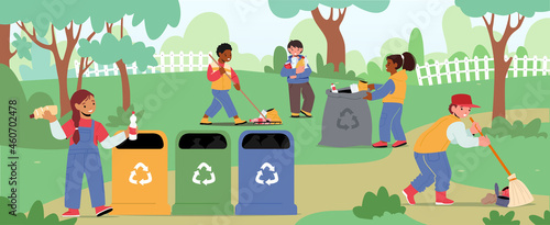 Children Characters Cleaning Garden. Ecology Protection, Social Charity Concept. Volunteers Cleaning Garbage in Park