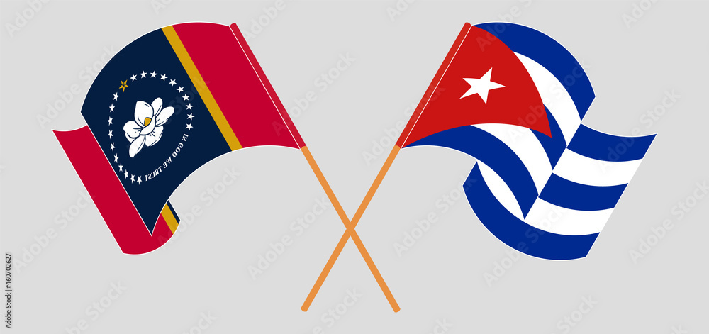 Crossed and waving flags of The State of Mississippi and Cuba