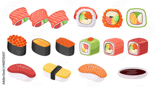 Japanese Cuisine Sushi and Rolls. Japan Food with Fish and Seaweed. Seafood Gunkanmaki Ikura, Tobiko and Uni, Uramaki Set