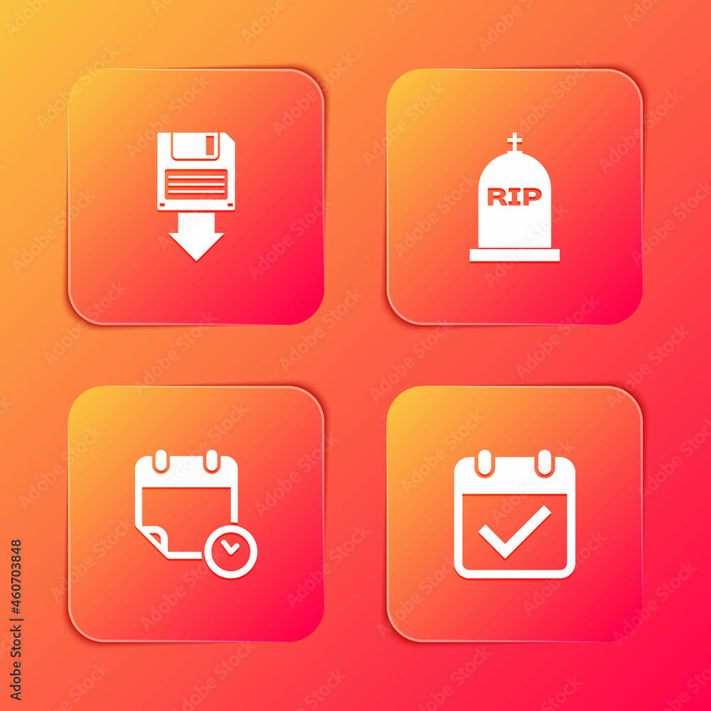 Set Floppy disk backup, Tombstone with RIP written, Calendar and clock and check mark icon. Vector Set Floppy disk backup, Tombstone with RIP written, Calendar and clock and check mark icon. Vector