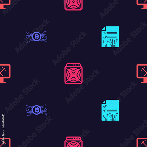 Set Smart contract, Cryptocurrency bitcoin in circuit, ASIC Miner and Mining with monitor and pickaxe on seamless pattern. Vector