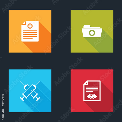 Set Clinical record, Health folder, Crossed syringe and Paper page with eye icon. Vector © vector_v