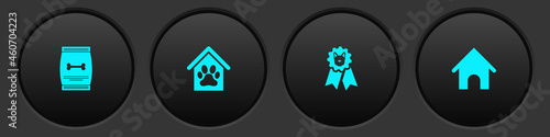 Set Bag of food for pet, Dog house and paw print, award symbol and icon. Vector