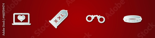 Set Laptop with 18 plus content, Condom safe sex, Handcuffs and Leather fetish collar icon. Vector
