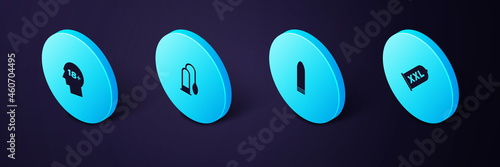 Set Isometric Condom safe sex, Dildo vibrator, Penis pump and Head with 18 plus icon. Vector