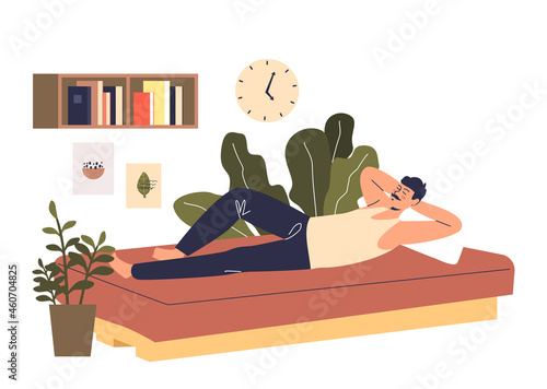 Man sleeping on coach. Male cartoon character daydreaming or napping in bedroom