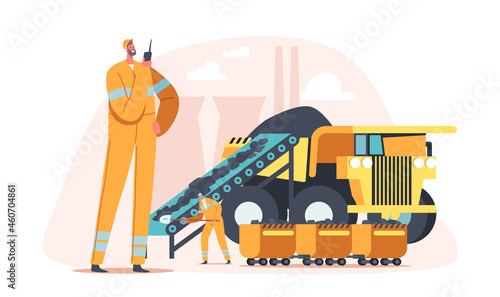 Coal Mining, Extraction Industry Concept. Miner Character Loading Coal in Truck. Engineers Work on Quarry with Transport