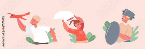 Set Kids Making Mess, Little Girl Fighting on Pillows, Boy Wear Cooking Pan on Head like a Helmet and Use Lid as Shield