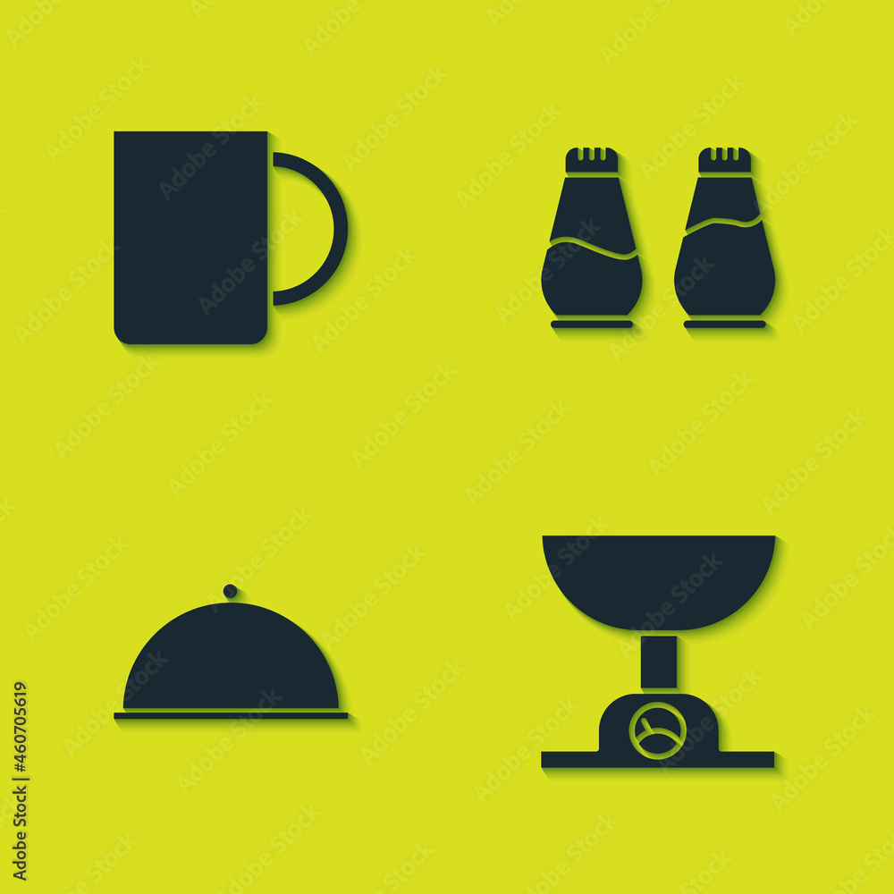 Set Coffee cup, Electronic scales, Covered with tray and Salt and pepper icon. Vector Set Coffee cup, Electronic scales, Covered with tray and Salt and pepper icon. Vector