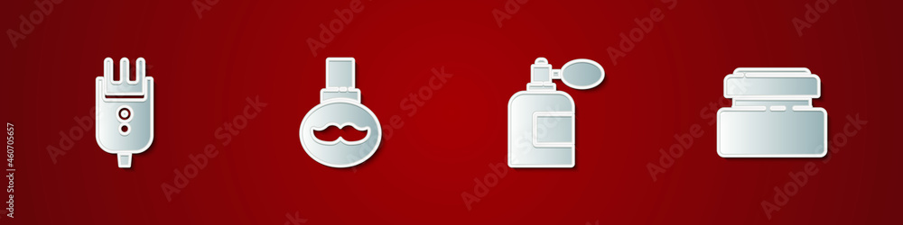 Set Electrical hair clipper or shaver, Beard and mustaches care oil bottle, Aftershave with atomizer and Cream lotion cosmetic tube icon. Vector Set Electrical hair clipper or shaver, Beard and mustaches care oil bottle, Aftershave with atomizer and Cream lotion cosmetic tube icon. Vector