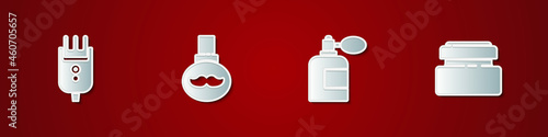 Set Electrical hair clipper or shaver, Beard and mustaches care oil bottle, Aftershave with atomizer and Cream lotion cosmetic tube icon. Vector
