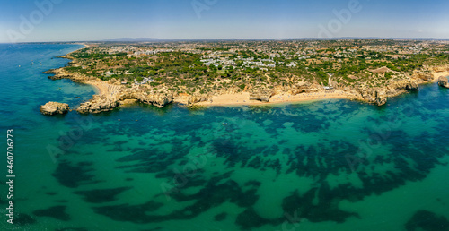 Panoramic aerial drone view of Praia do Castelo beach, Albufeira, Algarve, Portugal © Martin Valigursky