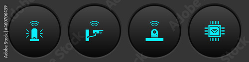 Set Smart flasher siren, security camera, and Processor with microcircuits CPU icon. Vector