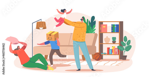 Home Fun Concept. Happy Family Characters Parents and Kids Playing, Fooling around the Room. Father, Mother and Kids