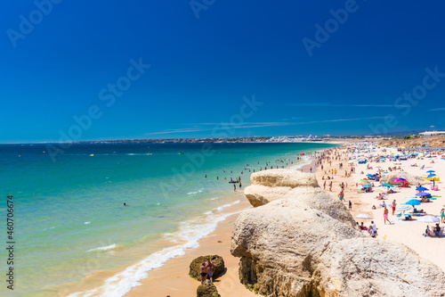 Panoramic aerial view of Praia Da Gale beach, near Albufeira and Armacao De Pera, Algarve, Portugal