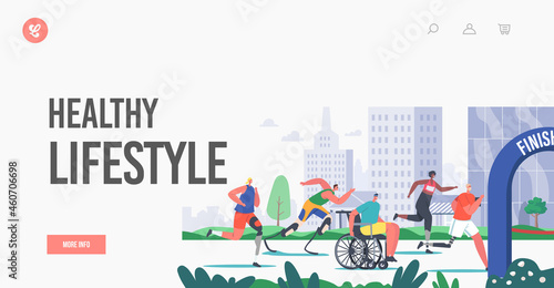 Healthy Lifestyle Landing Page Template. Disabled Athletes Run City Marathon, Sportsmen on Wheelchair or Leg Prosthesis