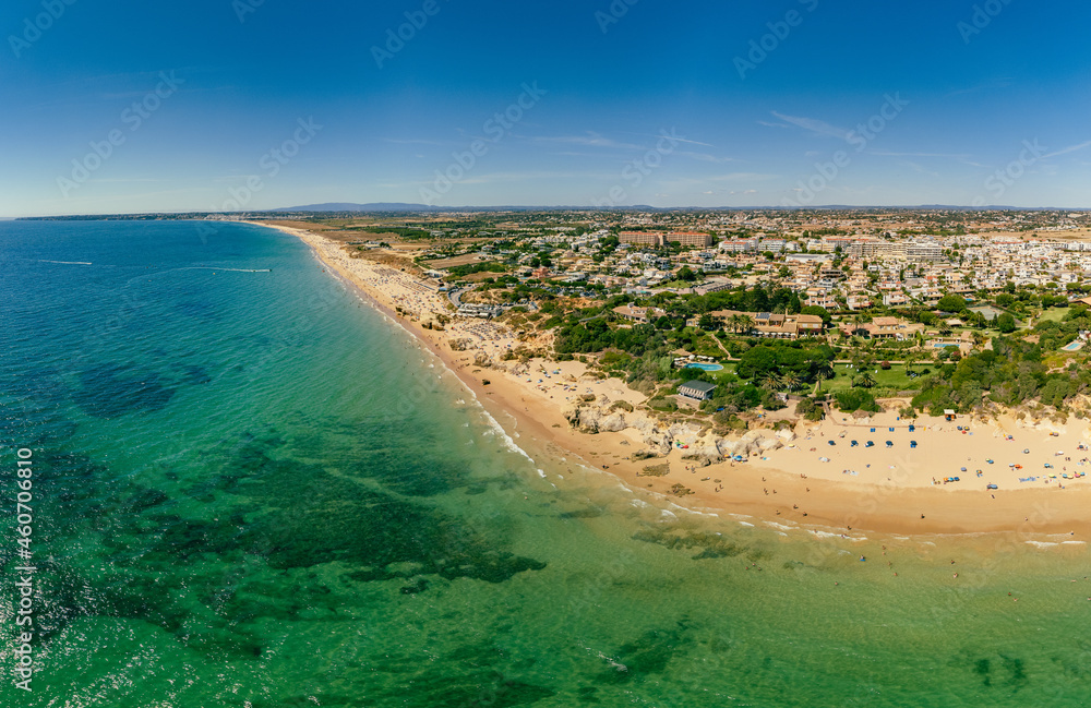 Panoramic aerial view of Praia Da Gale beach, near Albufeira and Armacao De Pera, Algarve, Portugal